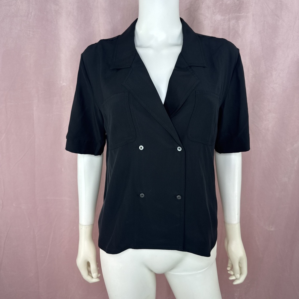 Ayr Womems 100% Silk Black Button Down Top Blouse Size Small Short Sleeve